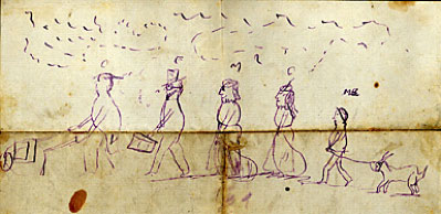 drawing of people walking away from the fire